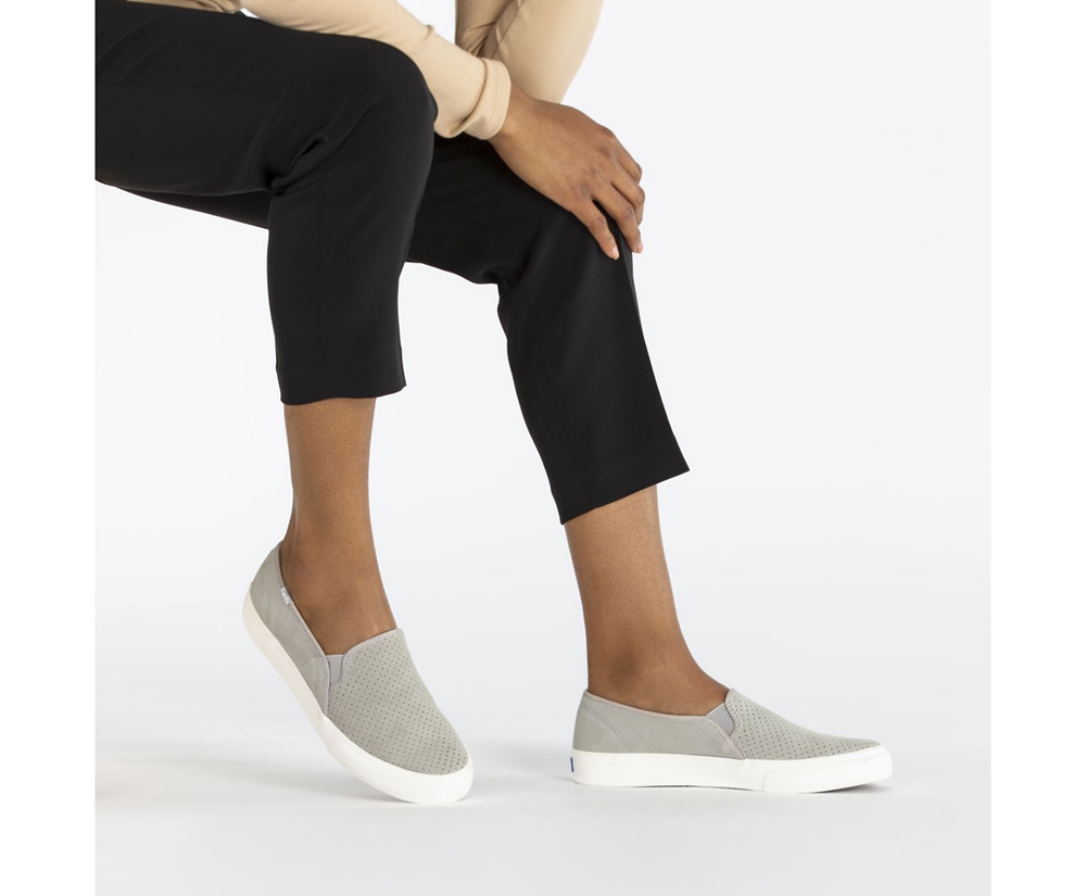 Keds Slip Ons Grey - Double Decker Perf Suede - Womens DOQSCE-750